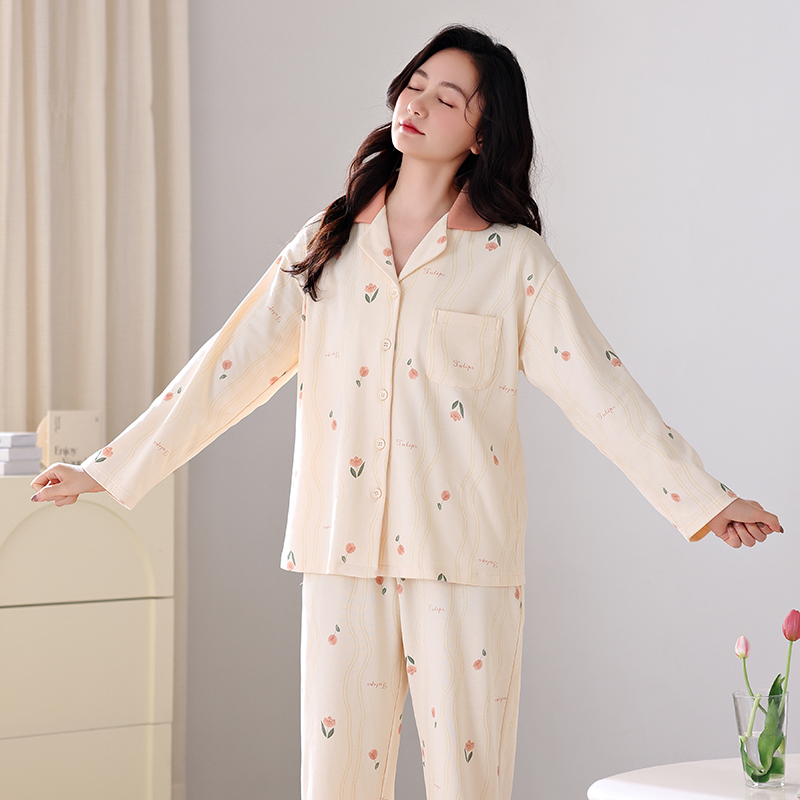 睡衣女款春秋纯棉抗菌翻领长袖2024新款可外穿早秋女士家居服套装