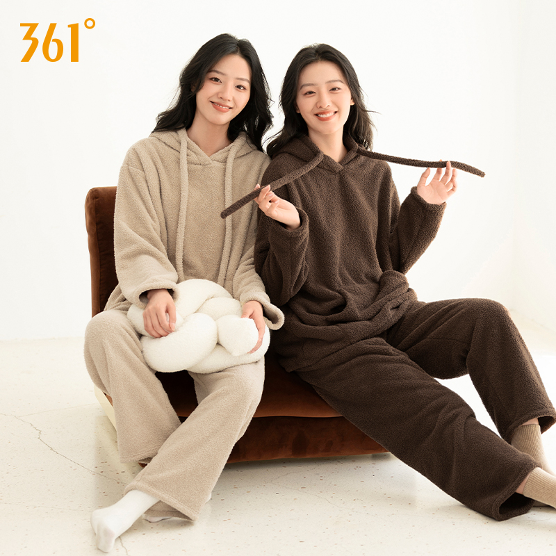 361家居服睡衣女款秋冬季珊瑚绒2024新保暖可外穿加长厚连帽套装