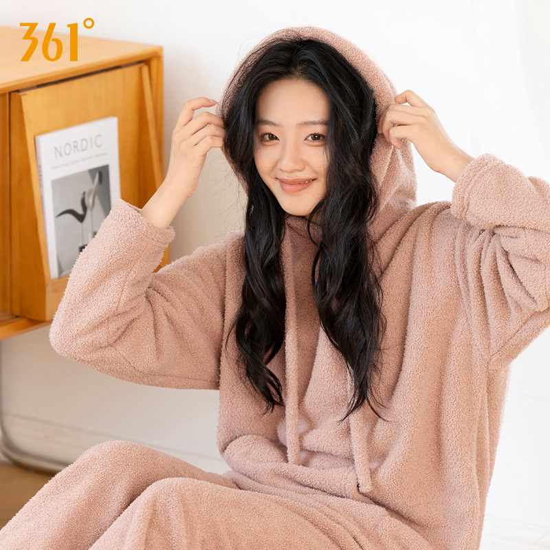 361家居服睡衣女款秋冬季珊瑚绒2024新保暖可外穿加长厚连帽套装