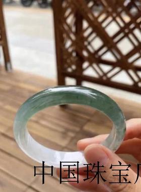 白底油青翡翠色手镯女款冰种飘花正圈玉镯子晴水美人镯送礼物证书