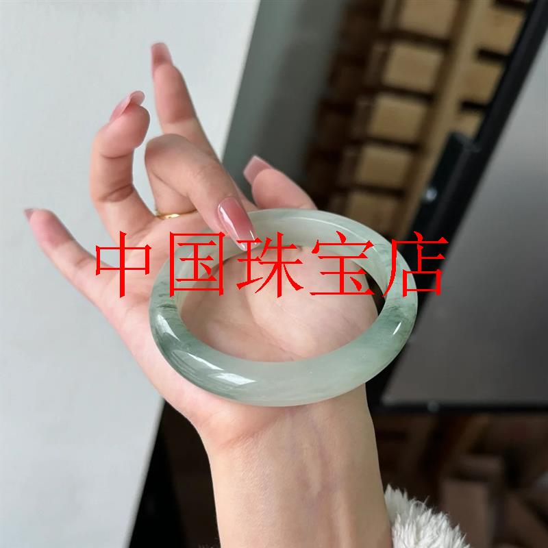 精选新疆金丝玉雪翠扁条玉手镯雪域翡翠色玉镯冰透飘花高级国风镯