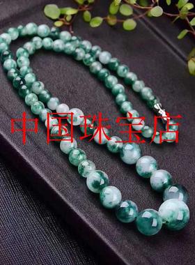 捡漏精选缅甸翡翠冰飘花玉石圆珠项链翡翠色翠绿飘花色玉项链女款