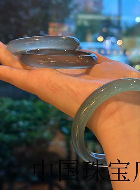 新中式天然高冰透库里蓝玛瑙手镯显白胖圆条玉镯子女款手饰品证书