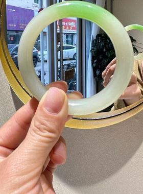 羊脂白玉且末料翠青圆条手镯青海