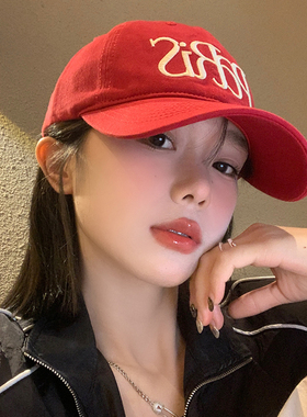 美式字母刺绣红色棒球帽女夏季加大加深宽檐大脸显脸小鸭舌帽帽子