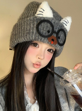 可爱眼镜猫咪耳针织帽女大头围