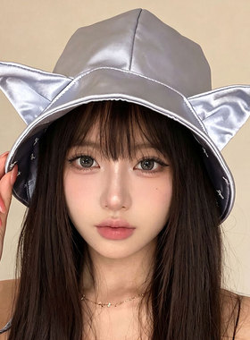 双面戴缎面可爱猫耳朵水桶帽女夏