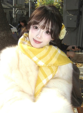 秋冬氛围感黄色条纹针织围巾女