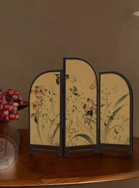 中古风花鸟小屏风桌面摆件新中式