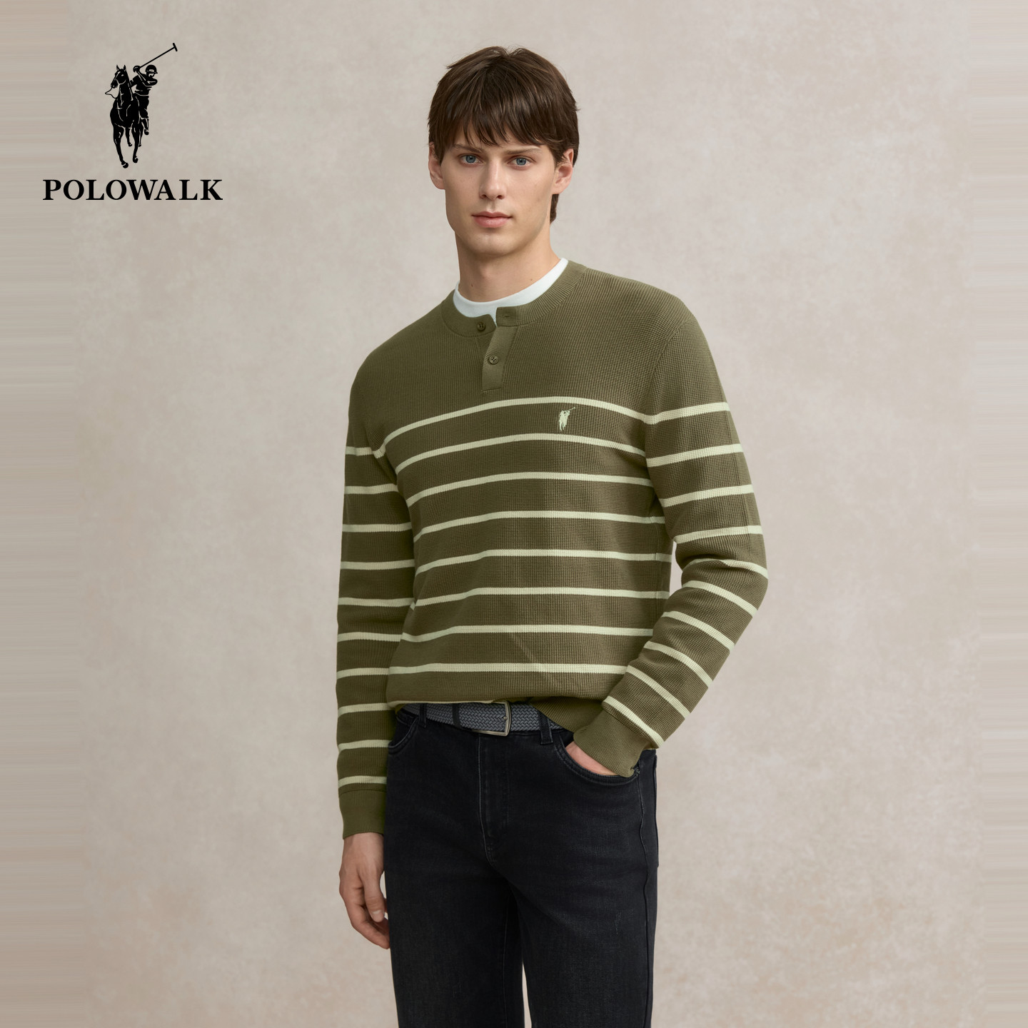 POLOWALK男式针织衫2025秋季新品条纹修身圆领套头上衣打底衫男,淘宝优惠券,粉丝福利购,淘宝优惠卷