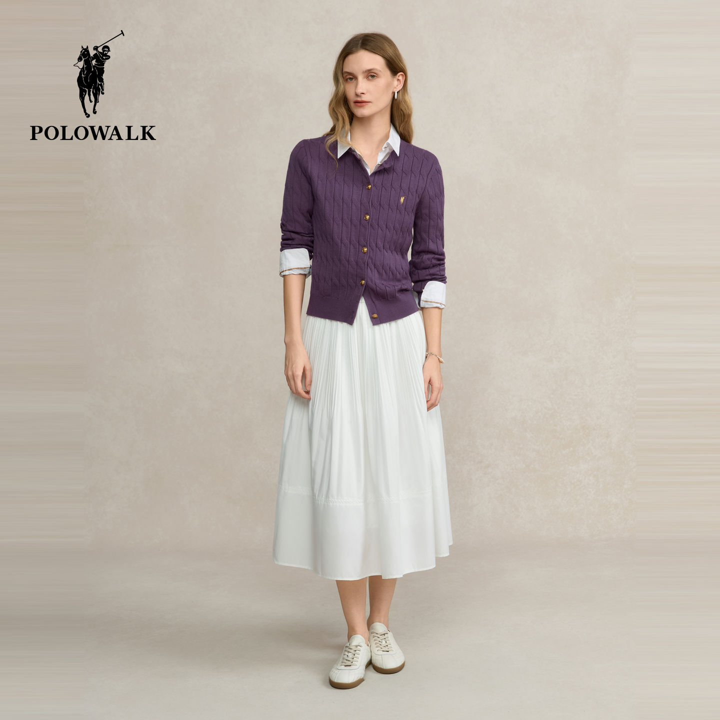 POLOWALK女式长袖针织衫2025秋季新品亲肤显瘦绞花包芯纱针织开衫