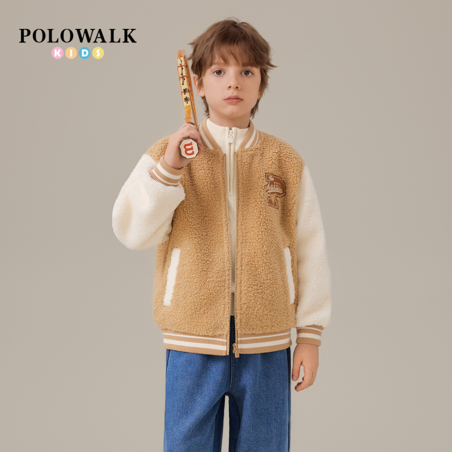 POLOWALK童装男童外套2025秋冬新品时尚学院风撞色棒球领加绒外套,淘宝优惠券,粉丝福利购,淘宝优惠卷