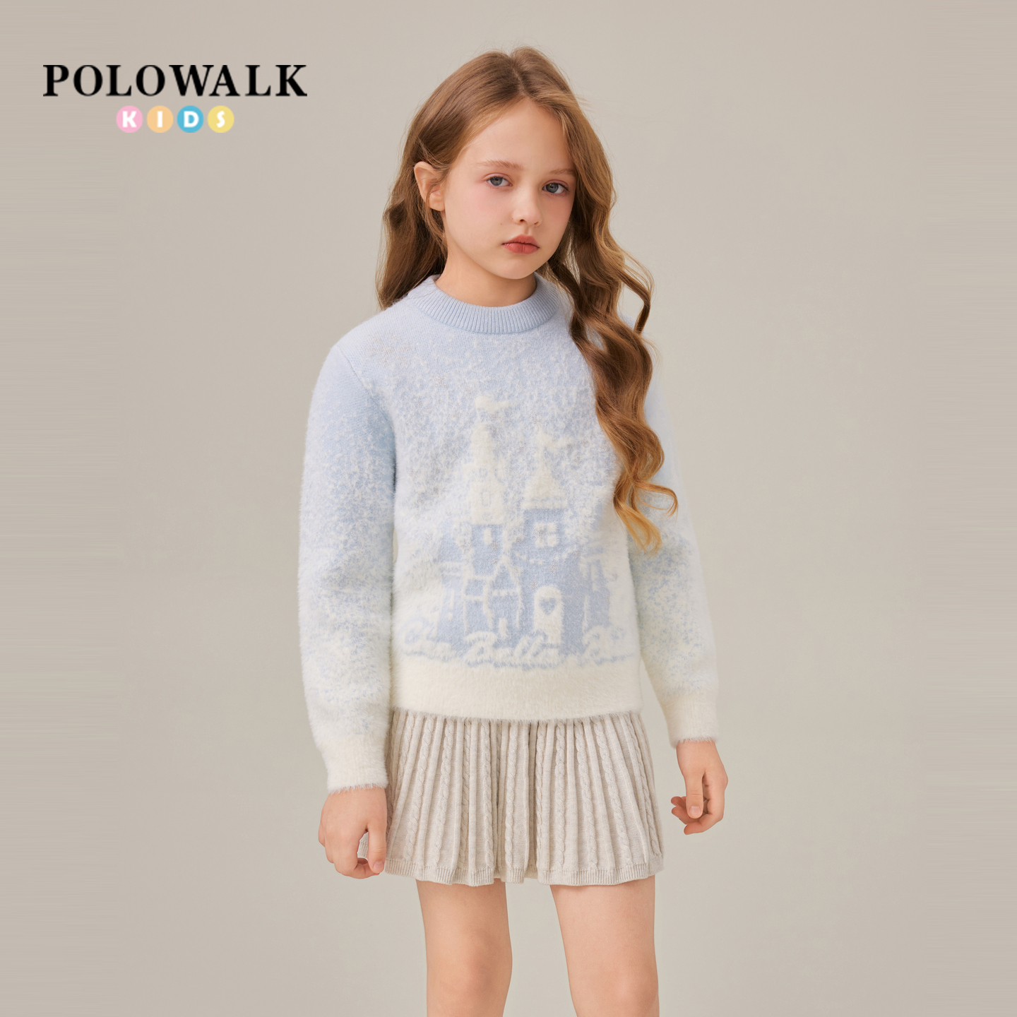 POLOWALK童装女童针织衫2025秋冬新品时尚提花圆领大童套头毛衣 - 图1