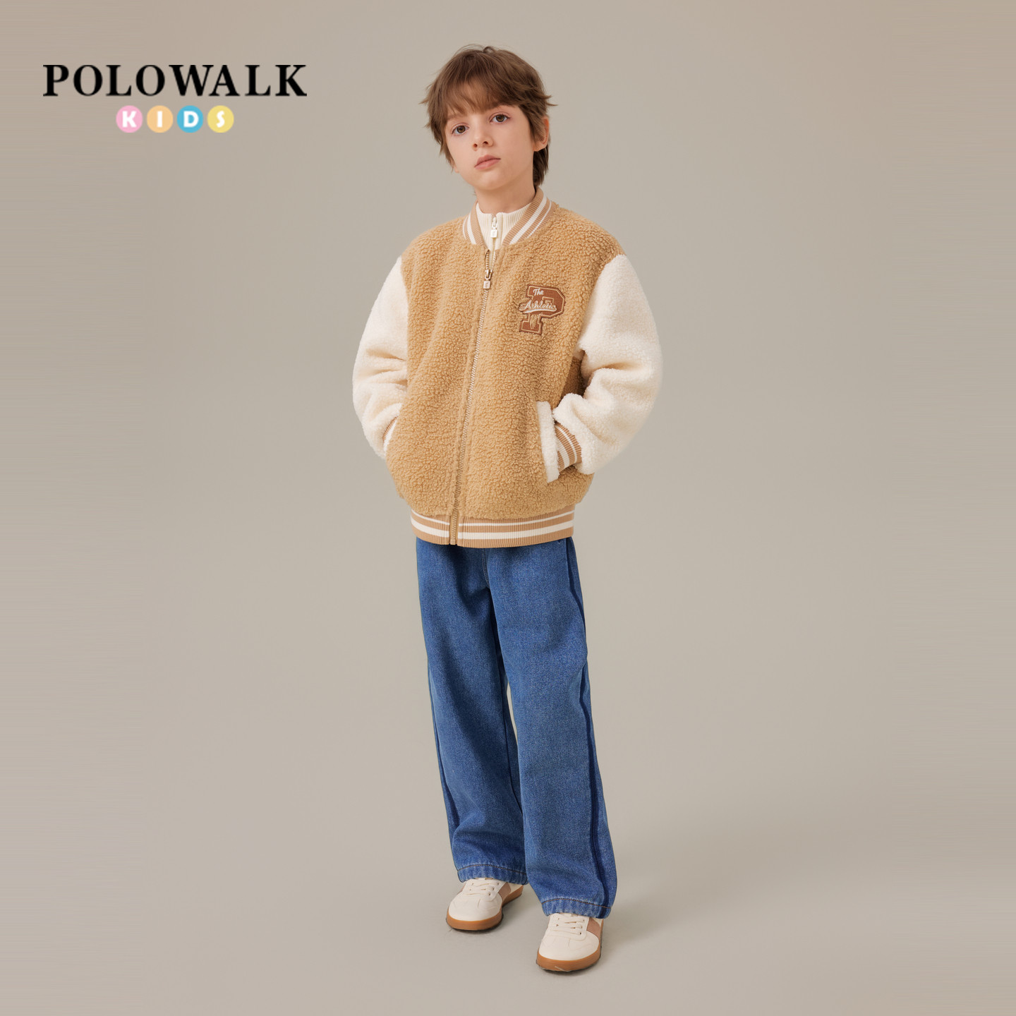 POLOWALK童装男童外套2025秋冬新品时尚学院风撞色棒球领加绒外套,淘宝优惠券,粉丝福利购,淘宝优惠卷
