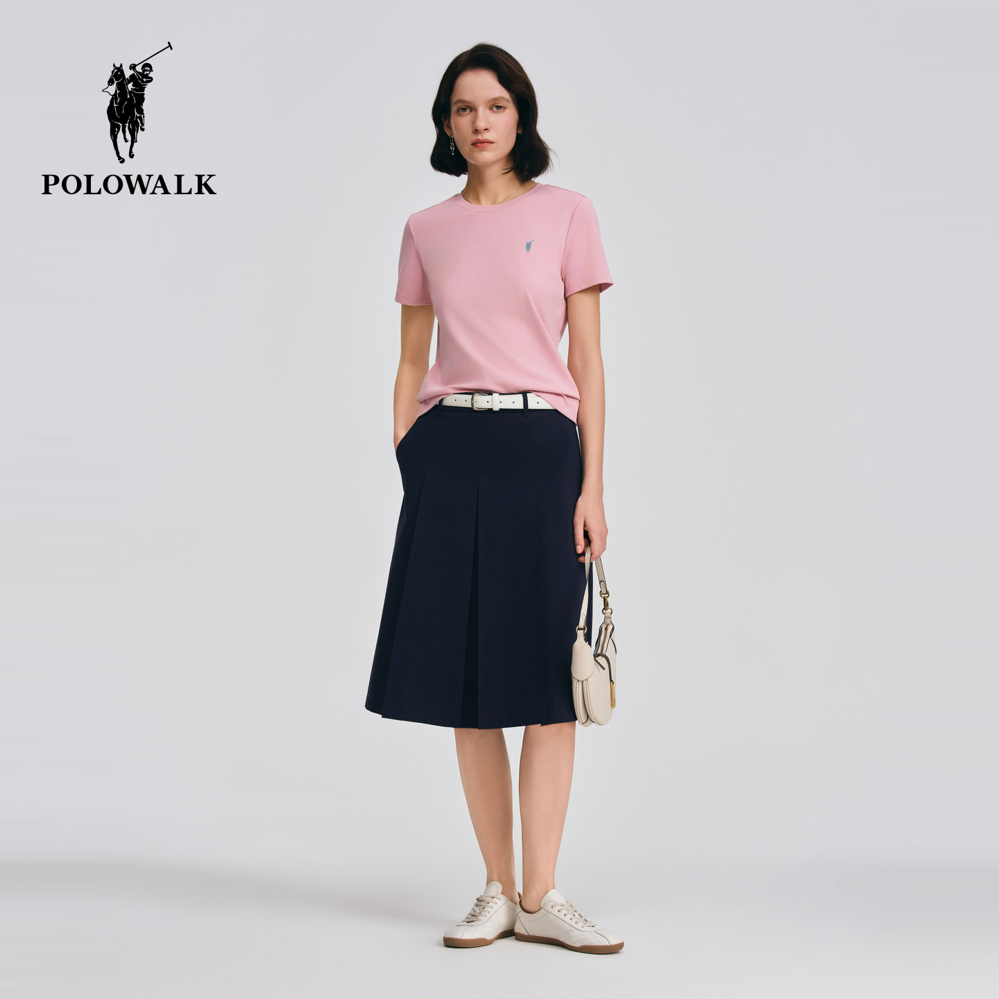 POLOWALK女式圆领短袖T恤夏季简约时尚打底修身纯色短袖t恤女