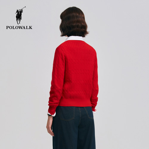 【红色款】POLOWALK女式长袖针织衫2026春季新品红色绞花针织开衫 - 图2