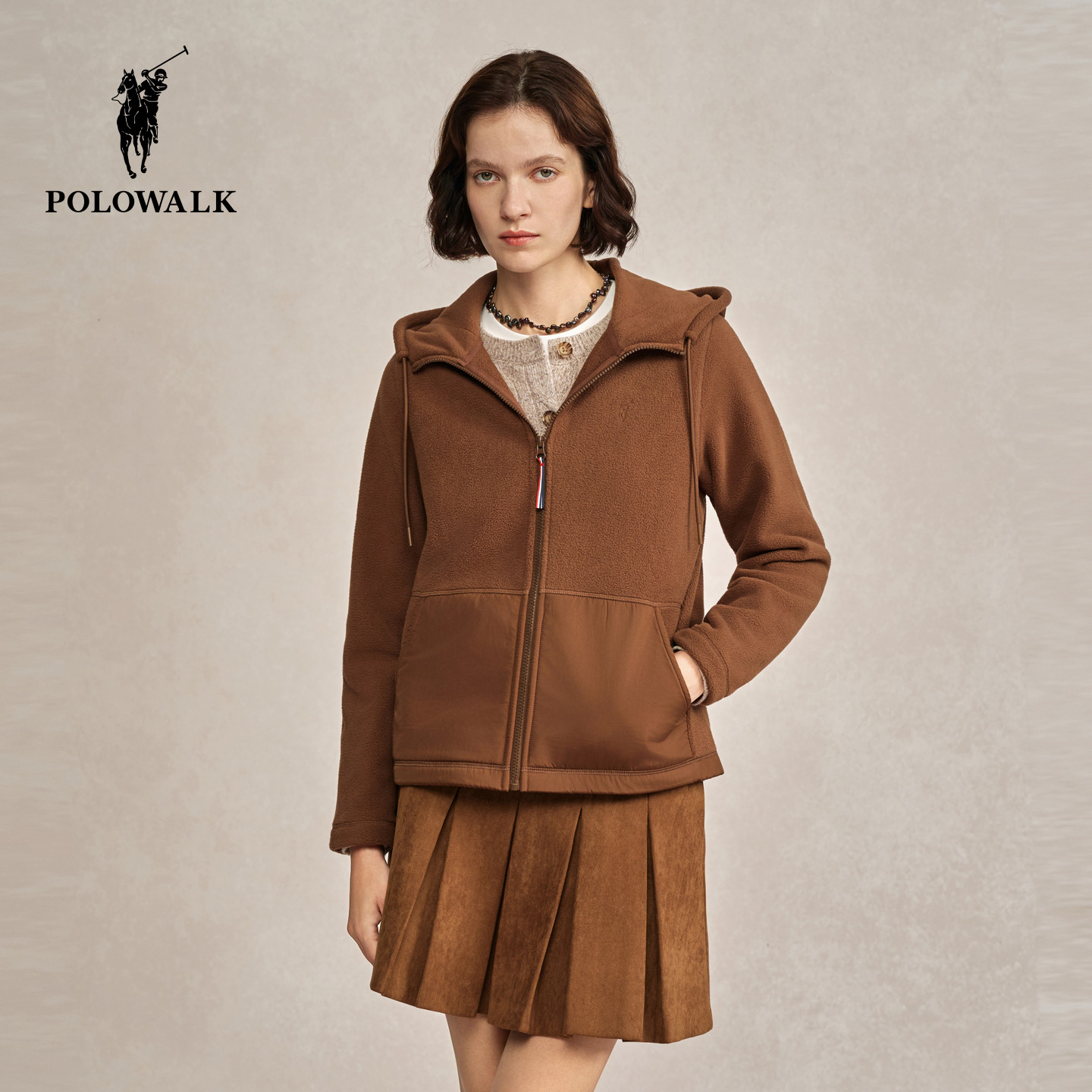 POLOWALK女式外套2025秋季新品摇粒绒显瘦连帽加绒拼接休闲外套,淘宝优惠券,粉丝福利购,淘宝优惠卷