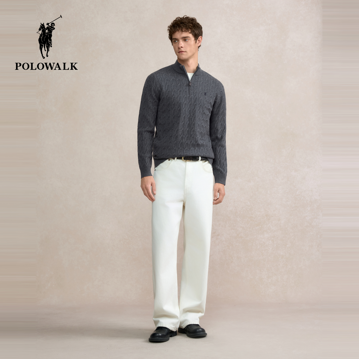 POLOWALK男装针织衫2025秋季新品商务休闲绞花立领套头半拉链上衣