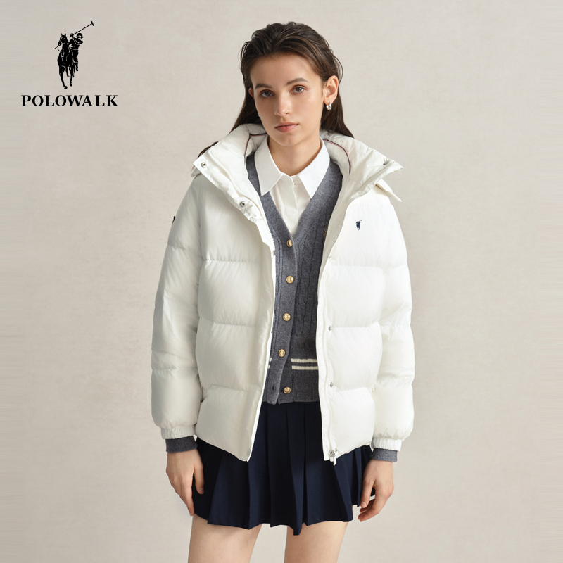 POLOWALK女士白色短款羽绒服2024冬季新款90绒可拆卸连帽保暖外套
