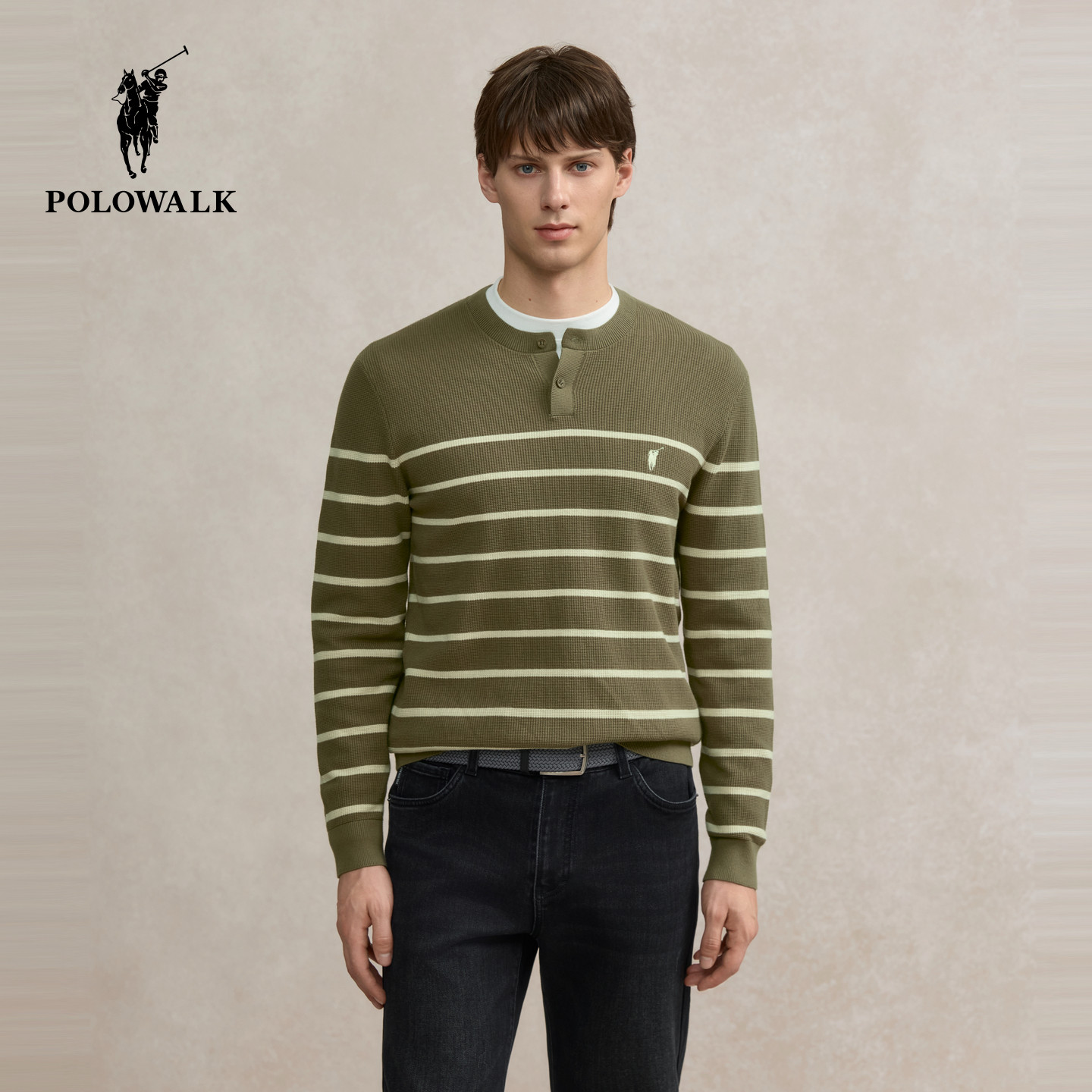 POLOWALK男式针织衫2025秋季新品条纹修身圆领套头上衣打底衫男,淘宝优惠券,粉丝福利购,淘宝优惠卷