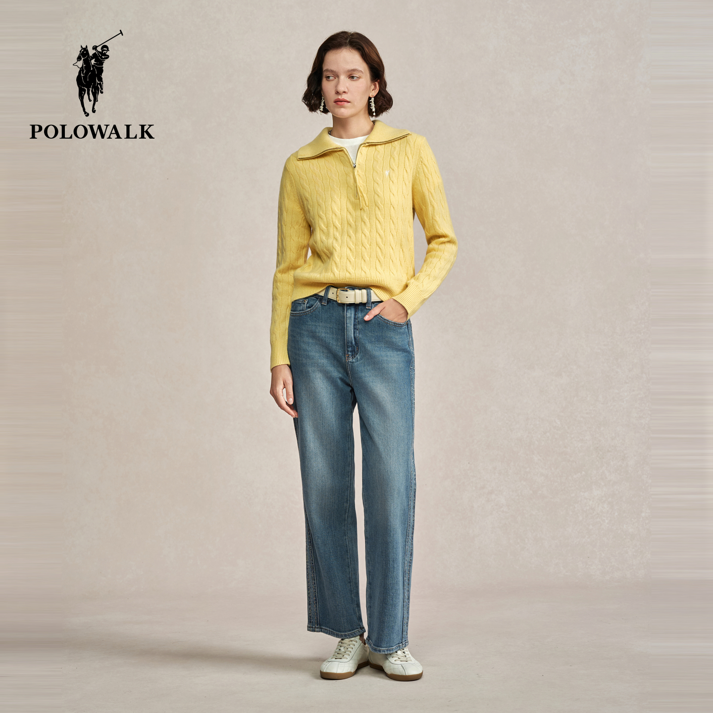 【100%绵羊毛】POLOWALK女式羊毛衫2025冬季新品翻领绞花套头上衣