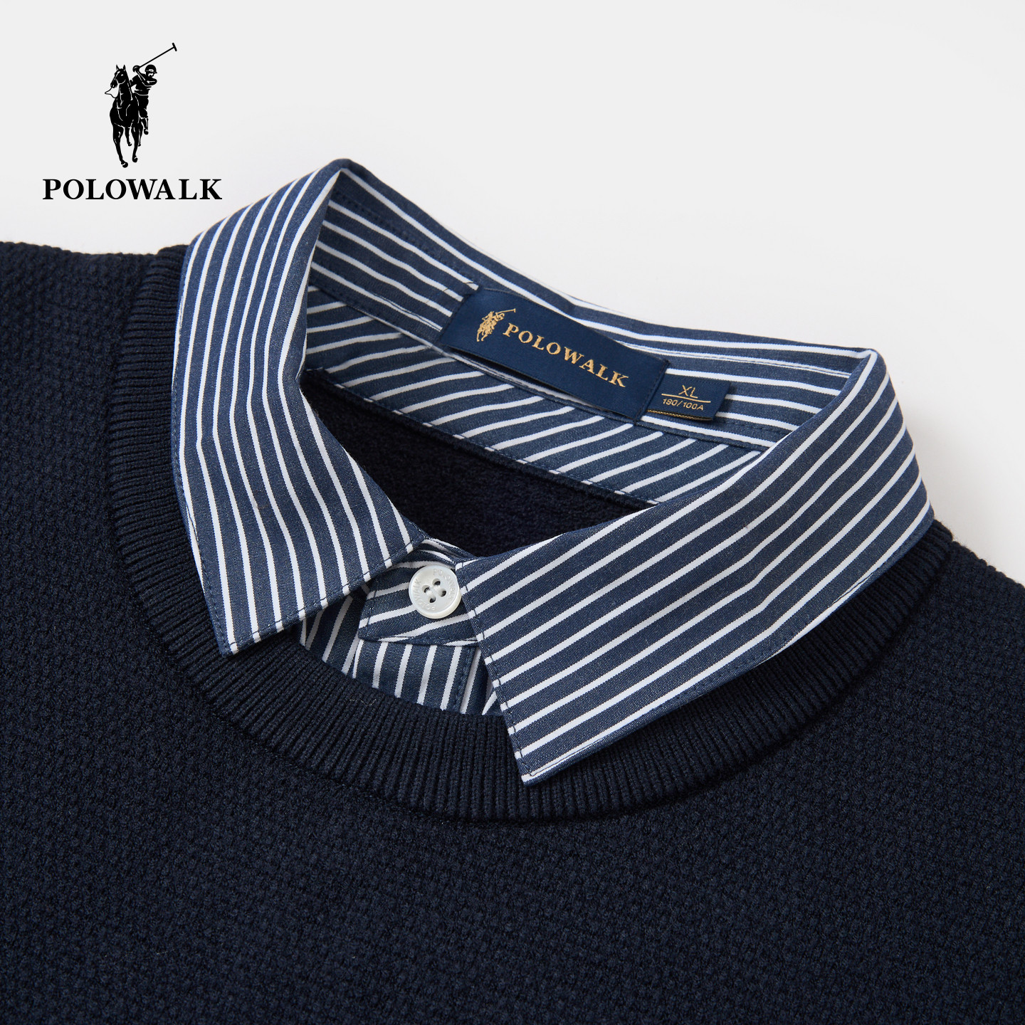 POLOWALK男式针织衫冬季款绅士风假两件衬衫领内搭套头加绒针织衫,淘宝优惠券,粉丝福利购,淘宝优惠卷