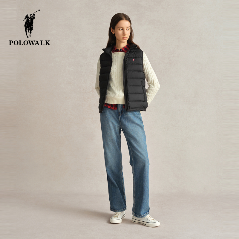 POLOWALK女士羽绒马甲背心2024新款秋冬立领纯色简约保暖百搭外套