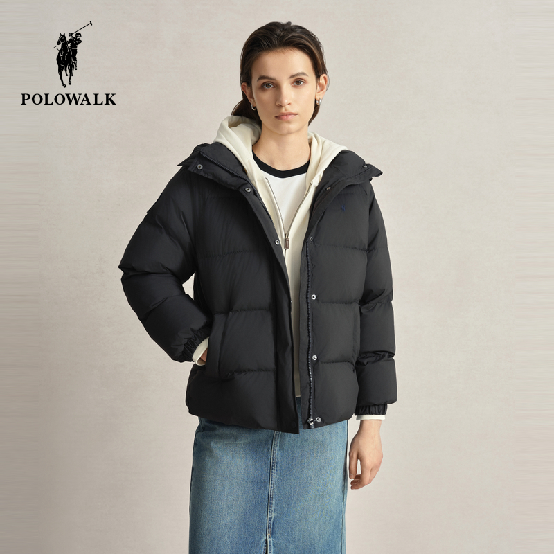 POLOWALK女士白色短款羽绒服2024冬季新款90绒可拆卸连帽保暖外套