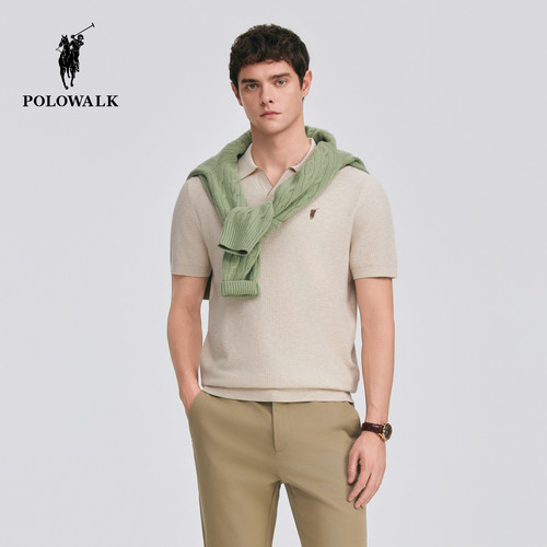 POLOWALK男式短袖针织衫2026春季新品剪刀领方格肌理针织POLO衫 - 图1