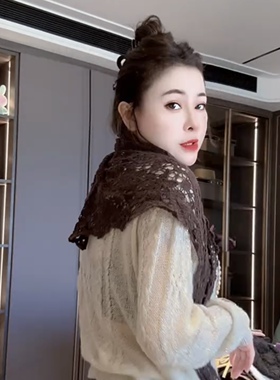 棉质蕾丝镂空钩花护颈三角围巾女森系韩版百搭办公室小披肩出游