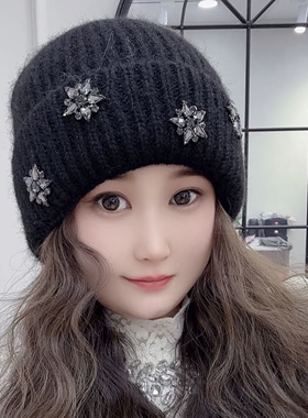 秋冬网红爆款水钻雪花针织帽加厚保暖防寒护耳家加厚时尚百搭女款