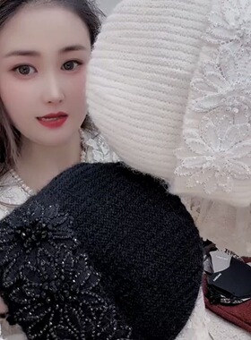 秋冬新款高颜值时尚保暖立体蕾丝大繁花针织帽复古包头帽显脸小女