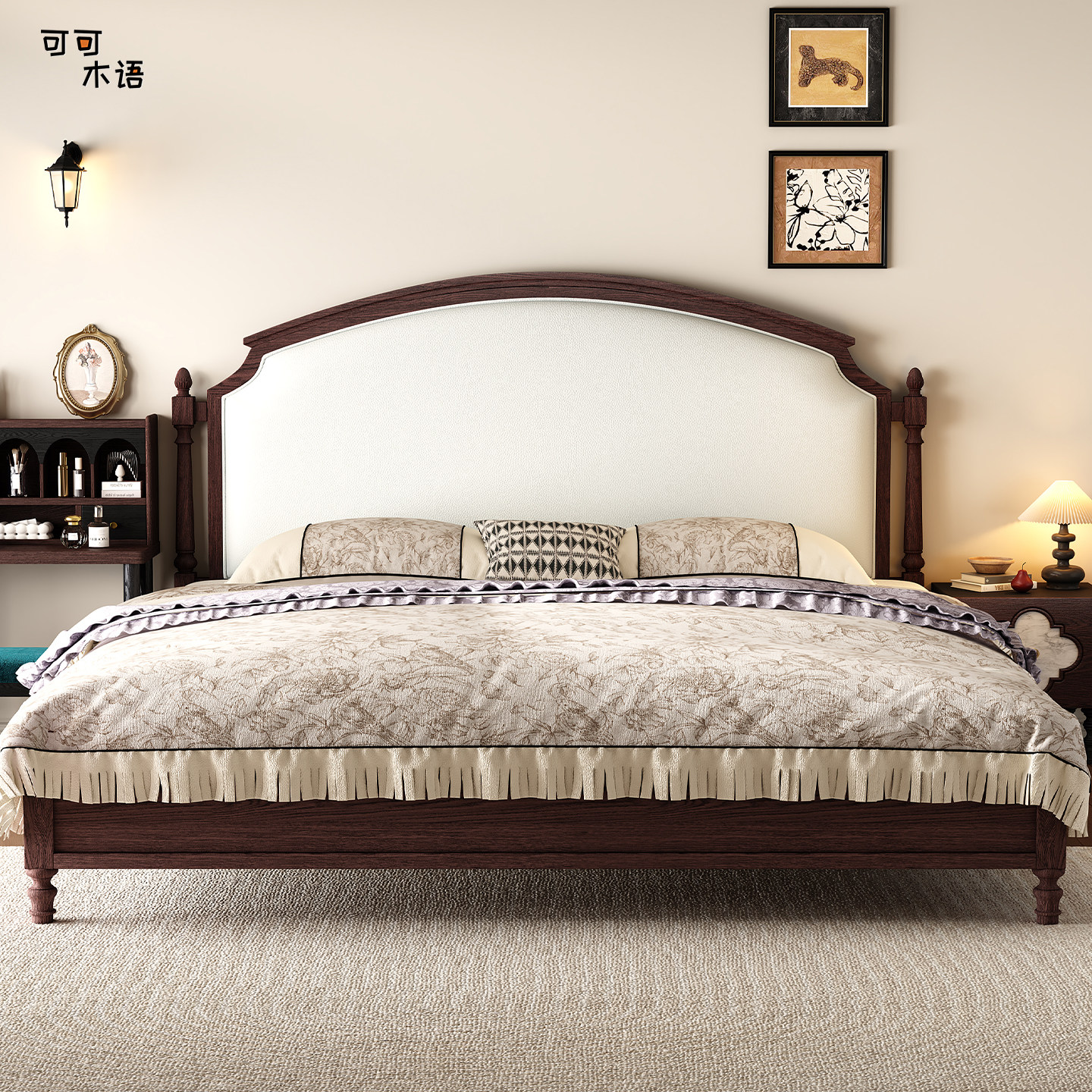 法式复古红橡木床1.8m双人主卧软靠婚床1.5m中古风全实木储物床