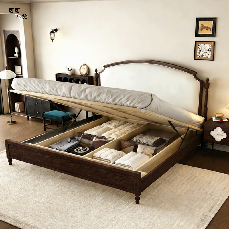 法式复古红橡木床1.8m双人主卧软靠婚床1.5m中古风全实木储物床