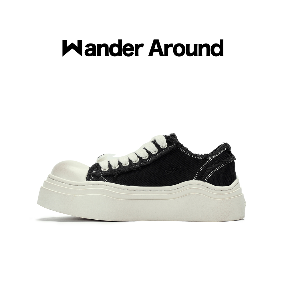 Wander around厚底内增高黑色破坏做旧大头帆布鞋低帮休闲鞋女潮