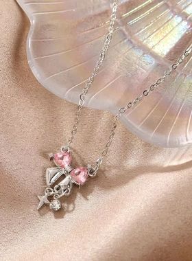 Sweet Pink Bow Necklace Ladies Fashion Sparkling Rhinestone