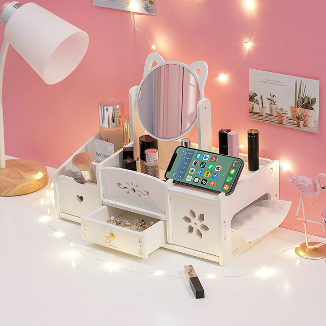 Makeup mirror wooden desktop dressing mirror with storage cat ear desktop dormitory dressing table with paper drawer