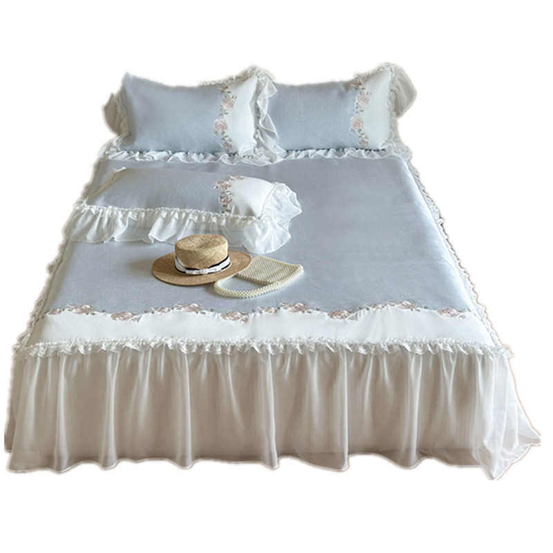 小清新夏季冰丝凉席三件套可水洗少女心刺绣床裙款1.8米空调软席,淘宝优惠券,粉丝福利购,淘宝优惠卷