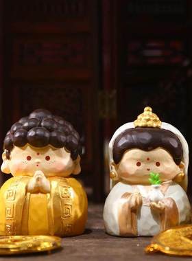 皆如愿小神仙木雕摆件可爱财神福禄寿佛祖桌面摆件装饰树脂工艺品