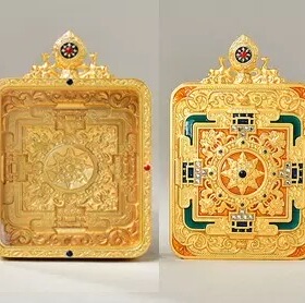唐卡吊坠纯铜嘎乌盒四方转轮单面壳方形复古吊坠双鹿法轮单面外壳