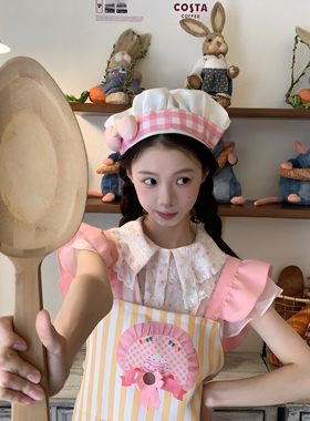 格子女童蝴蝶结厨师帽拍照出片