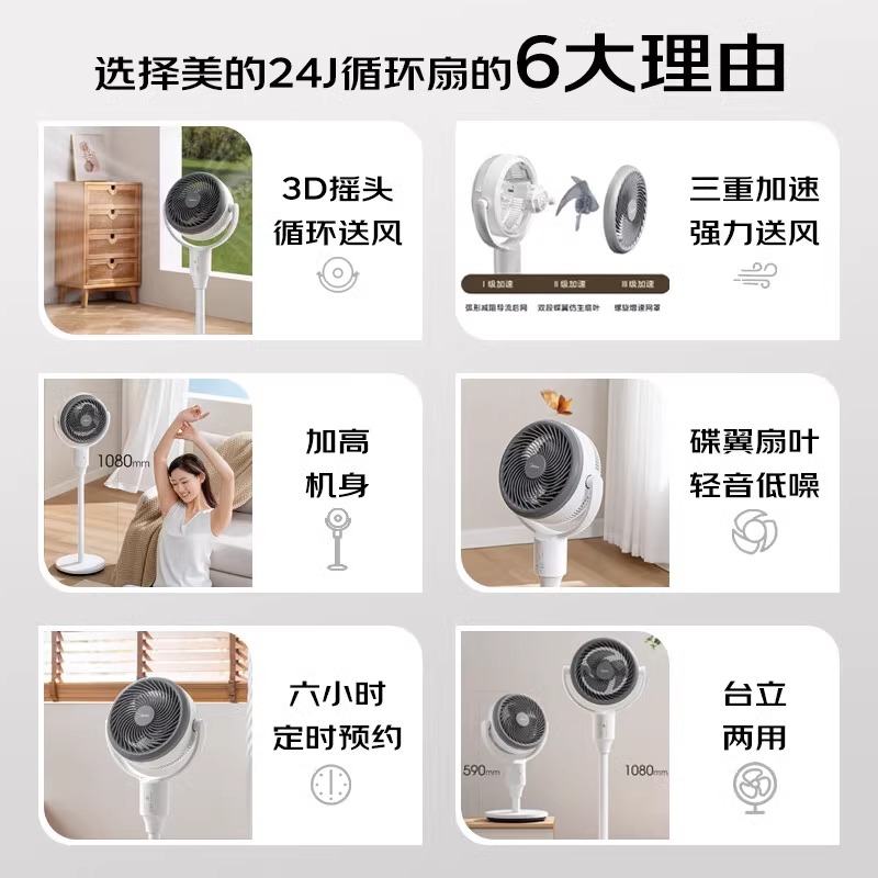 美的空气循环扇家用2024新款落地扇遥控台地强力节能音轻款电风扇