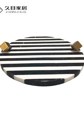 现代极简约黑白条纹拼色大理石托盘摆件北欧样板房V茶盘装饰盘饰