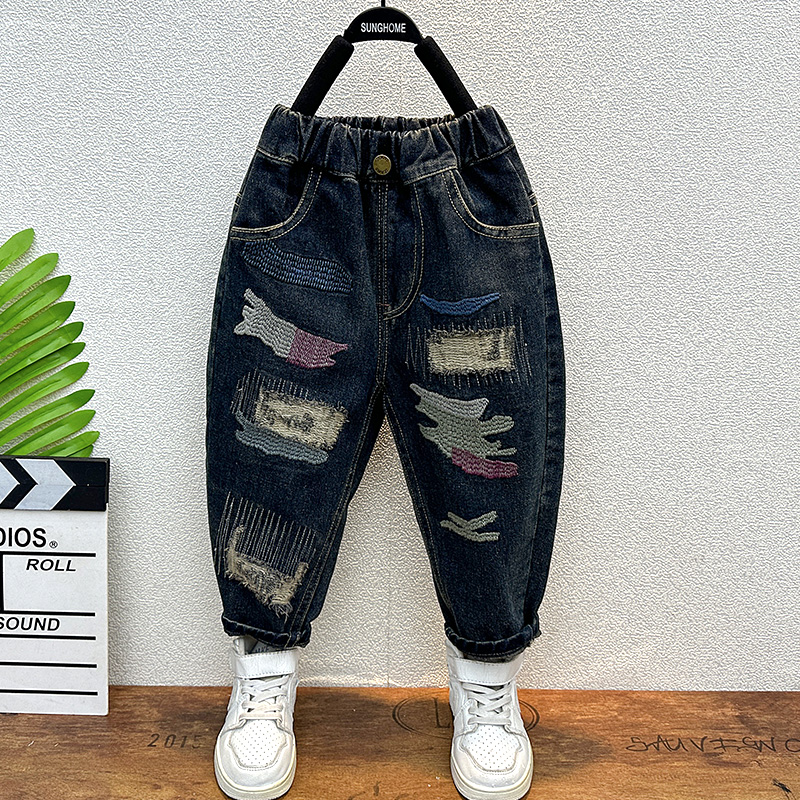 巴拉妮琪童装男童裤子春秋款2025新款宝宝时髦破洞长裤儿童牛仔裤 - 图0