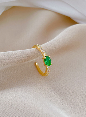 【真金】绿色锆石戒指开口可调节款简约手饰日系指环情侣对戒