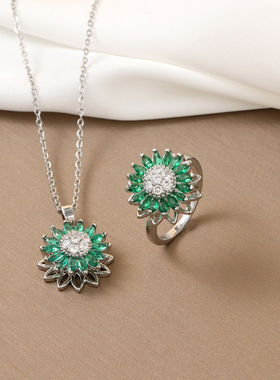 项链女 网红向日葵锆石花朵小众跨境新款设计感气质套装钛钢项链