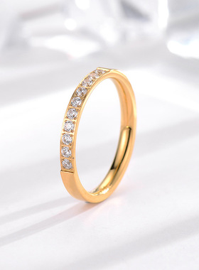 日韩简约CNC微镶十颗钻钛钢戒指女18k玫瑰金不掉色情侣对戒潮饰品