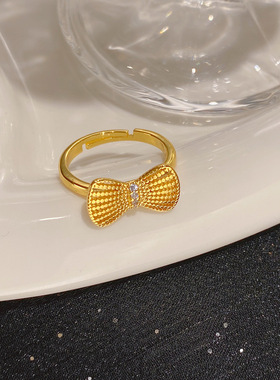 小红书爆款铜镀金色蝴蝶结戒指女时尚开口可调节指环气质百搭尾戒