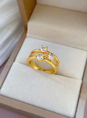 【真金】轻奢满钻三层戒指开口可调节款简约手饰日系指环情侣对戒