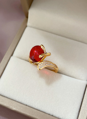 【真金】抖音直播款铜微镶锆石气质红狐狸戒指女可调节开口指环女